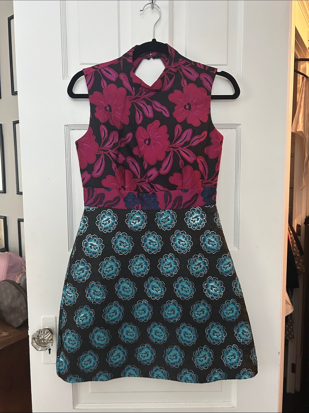 ASOS Metallic & Brocade Floral Contrast A-Line Dress in Magenta and Teal